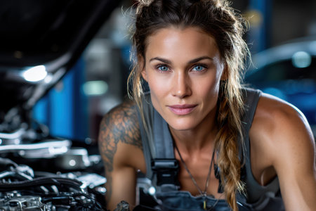 A confident woman inspects a car engine in a modern garage, focusing intently on her task.の素材