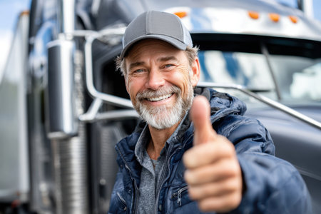A cheerful truck driver stands next to a large truck, smiling and giving a thumbs up while enjoying the sunny weather.の素材