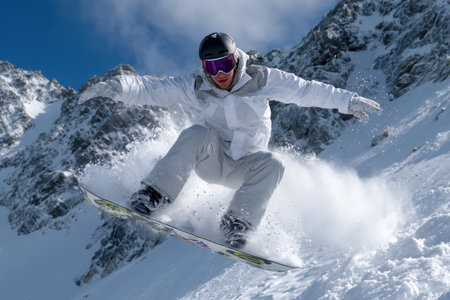 A snowboarder catches air while soaring above fresh snow on a sunny mountain slope.の素材