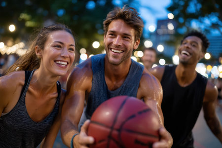 Group of friends play basketball in a park during twilight, enjoying each other's company and laughter.の素材