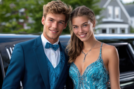 A young couple dressed in formal attire smiles confidently by a black limousine during a special occasion.の素材