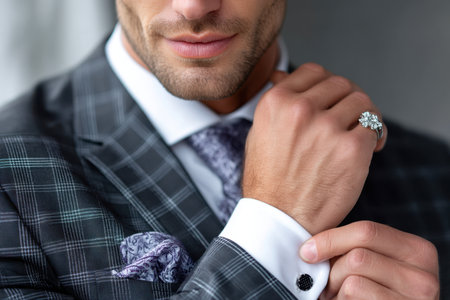 A well-dressed man is seen adjusting his cufflink, showing his elegant suit and sophisticated style.の素材