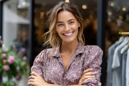 A cheerful woman poses with crossed arms outside a shop, showing a warm smile and stylish attitude.の素材