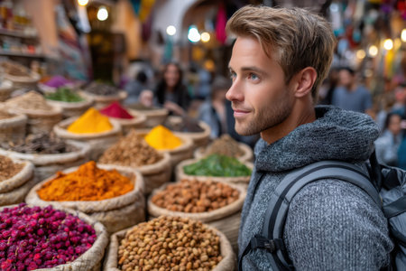 A young man admires the colorful display of spices and dried goods in a bustling local market.の素材