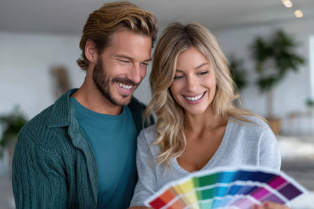 A man and woman smile while choosing paint colors from a swatch card in a stylish, sunlit room.の素材