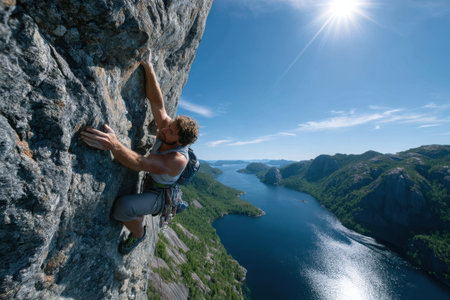 A climber ascends a steep rock face high above a tranquil lake surrounded by lush mountains under a clear blue sky.の素材