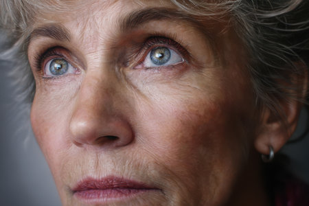 A woman with silver hair and blue eyes gazes pensively, reflecting deep emotions and experiences.の素材