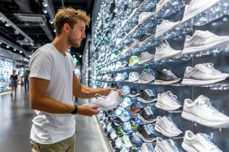 A young man browses a variety of athletic shoes in a well-lit sports store. He examines a pair closely.の素材
