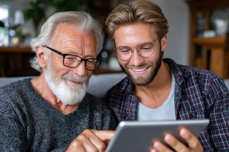 Older man and younger man engage happily with a tablet in a cozy indoor setting together.の素材