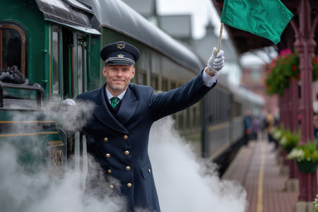 Conductor in uniform holds a green flag at the railway platform while steam rises from the train.の素材