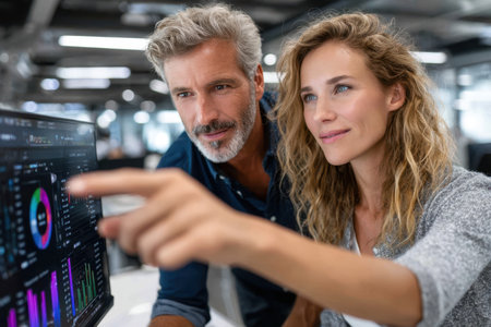 Two professionals collaborate on data insights using a computer screen in a bright office setting.の素材
