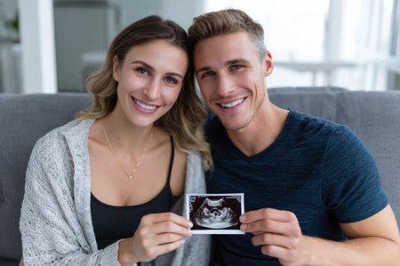 Happy couple sits on a comfortable sofa, proudly displaying their ultrasound image together with excitement and smiles.の素材