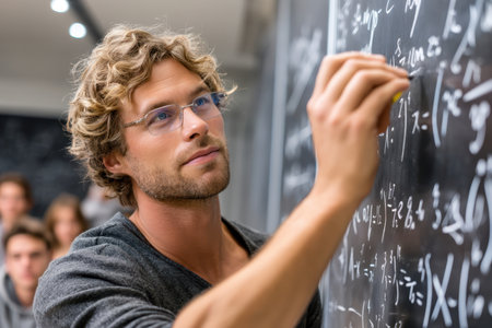A man writes on a blackboard while explaining complex mathematical concepts to attentive students.の素材