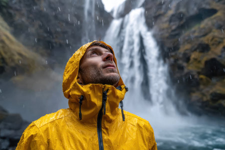 A man wearing a yellow raincoat looks up in awe at a powerful waterfall while rain falls around him.の素材