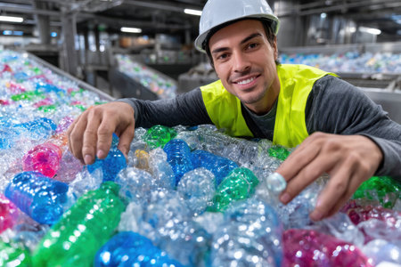 Man in safety gear smiles while sorting through a pile of colorful plastic bottles at a recycling center.の素材