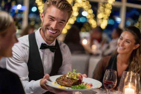 A joyful server showcases a beautifully arranged plate of food to delighted guests during dinner at a classy restaurant.の素材