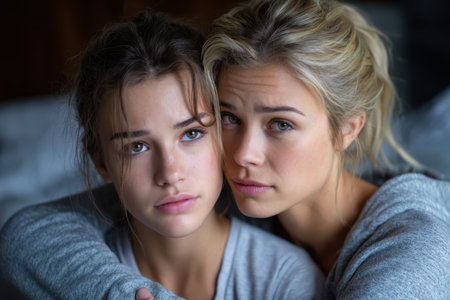 Two close friends share an intimate moment, embracing each other warmly while relaxing indoors.の素材