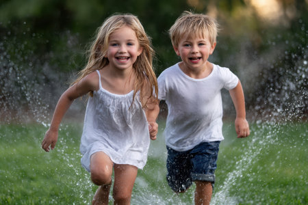 Two children run through shallow water, laughing and enjoying a sunny afternoon in the park together.の素材