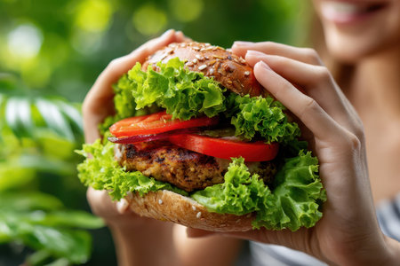 A person enjoys a vibrant burger with fresh lettuce and tomatoes in a sunny outdoor garden setting.の素材