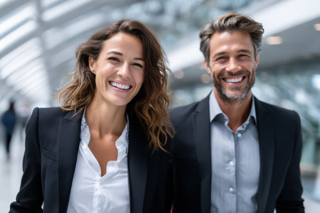 Two confident professionals walk together in a contemporary office space, sharing smiles and positive energy.の素材
