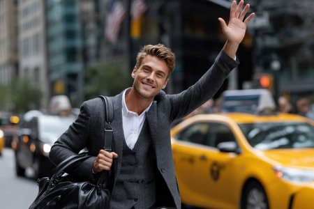 A stylishly dressed man stands on a bustling city street, waving hello with a friendly smile as cars pass by.の素材