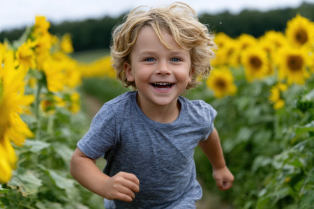 A young child with curly hair smiles brightly while running among tall sunflowers under a clear sky.の素材