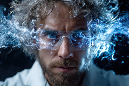 A scientist focused on experiments in a lab displays electric energy around his head, showing brilliance.の素材