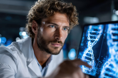 A research scientist examines a digital display of DNA strands while working in a laboratory at night.の素材