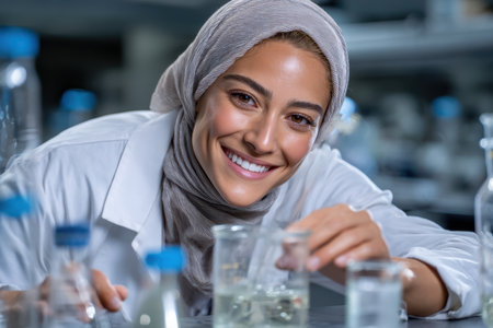 A researcher in a lab coat and hijab smiles while closely examining a beaker filled with liquid.の素材
