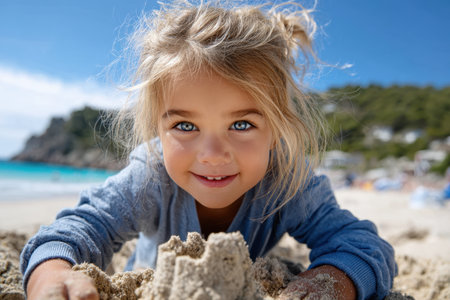 Child joyfully builds sandcastles on a sunny beach with sparkling blue water in the background.の素材