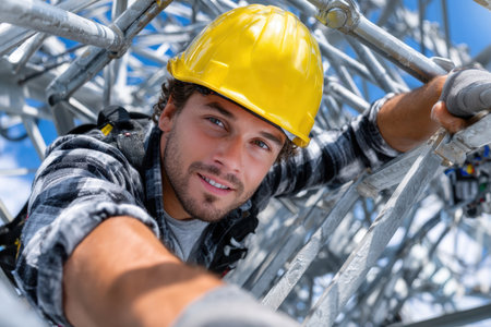 Man in a yellow hard ascends a metal framework, showing determination and focus at a construction site.の素材