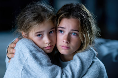 Two young girls share a heartfelt embrace, expressions of concern and vulnerability evident in their faces.の素材
