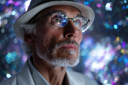 An elderly man with glasses looks up thoughtfully, illuminated by sparkling colors in the background.の素材
