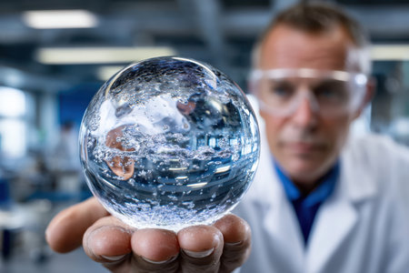 A scientist in a lab coat carefully examines a clear globe filled with water, showing casing experiments.の素材
