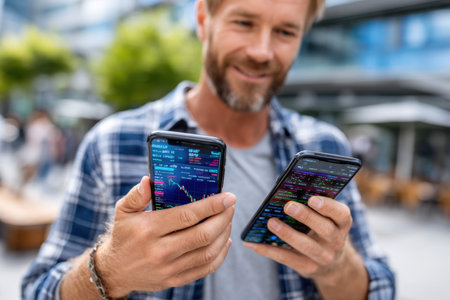 A man checks stock market data on two smartphones while standing in a busy outdoor area surrounded by greenery.の素材
