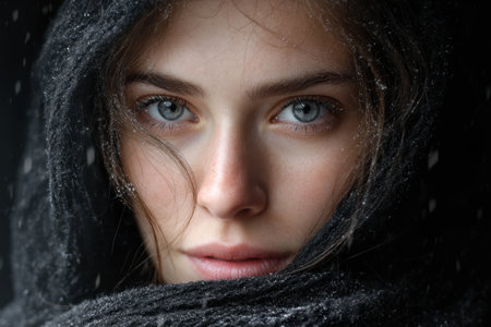 A young woman wrapped in a dark scarf gazes thoughtfully as snowflakes softly fall around her.の素材