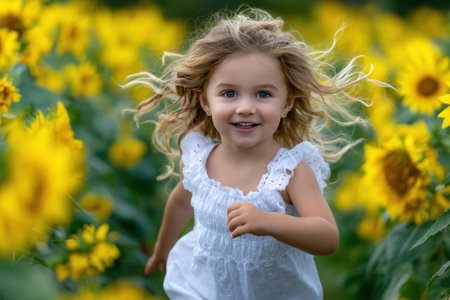 A little girl with curly hair runs through a vibrant sunflower field under bright sunlight, smiling happily.の素材