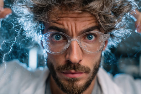 A scientist with wild hair and glasses reacts in surprise while conducting an electrical experiment indoors.の素材