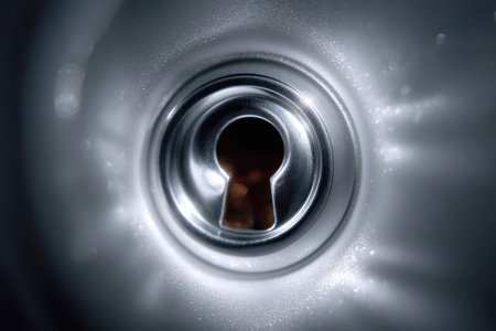 A detailed view from inside a keyhole showing its metallic texture and light reflections.の素材