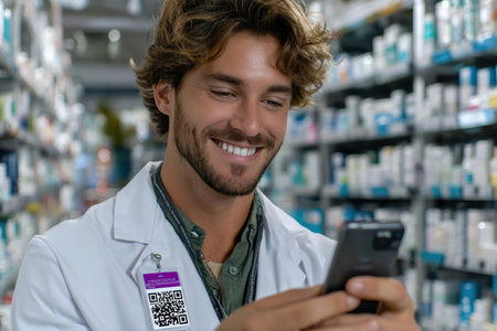 A young man in a white coat smiles as he interacts with his smartphone in a pharmacy filled with shelves of medication.の素材