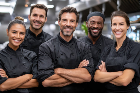 A team of five chefs stands proudly in a contemporary kitchen, showcasing their skills and teamwork.の素材