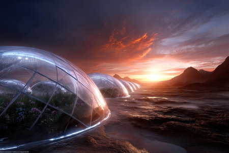 Large domes showcase vibrant plants as the sunset casts a tranquil glow over the mountains.の素材