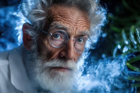 An elderly scientist with glasses examines glowing elements while surrounded by swirling mist in a lab.の素材