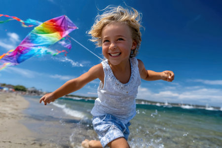 A child runs along the shoreline, laughing and flying a vibrant kite while enjoying a sunny day at the beach.の素材