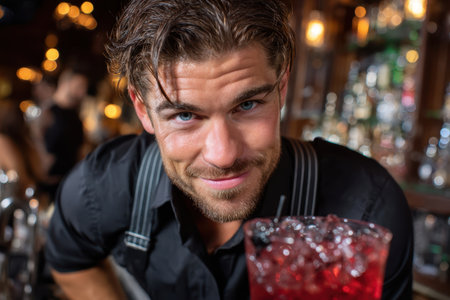 A skilled bartender presents a colorful drink while engaging with customers in a bustling nightlife setting.の素材