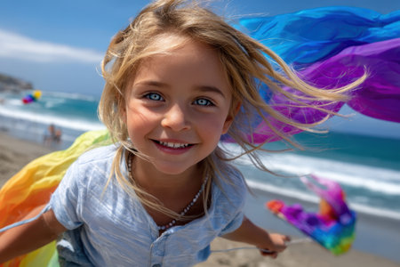 A joyful girl plays with vibrant ribbons on the beach, enjoying the warm sun and gentle waves.の素材