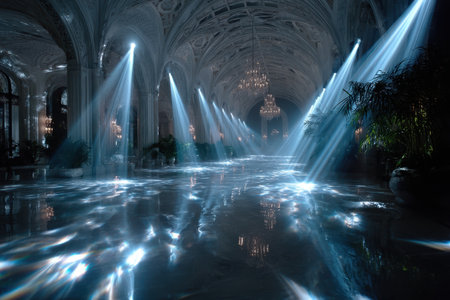 Brilliant rays shine through the ornate ceiling of a luxurious hall, creating sparkling reflections on the floor.の素材