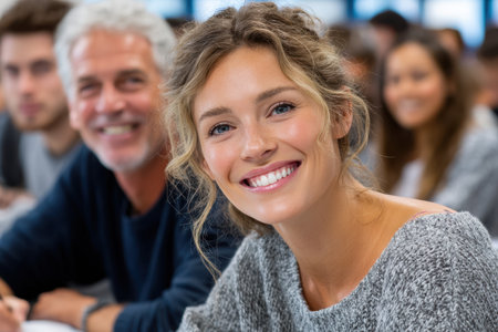 A group of diverse students actively participates in a classroom, sharing smiles and ideas.の素材