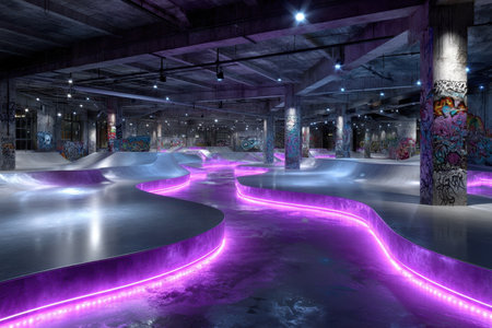 Skaters navigate the winding pathways of a vibrant underground skate park adorned with neon lights.の素材