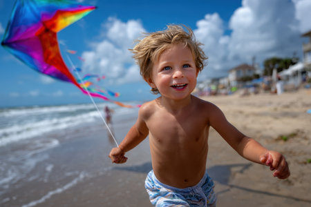 A young child with blonde hair smiles widely as they run along the sandy beach, holding a vibrant kite.の素材